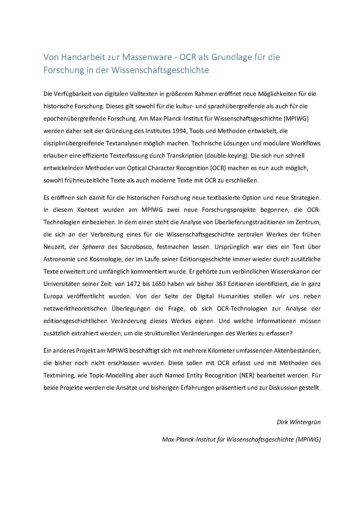 Dirk Wintergrün (MPIWG Berlin): Von Handarbeit zur Massenware - OCR als Grundlage für die Forschung in der Wissenschaftsgeschichte